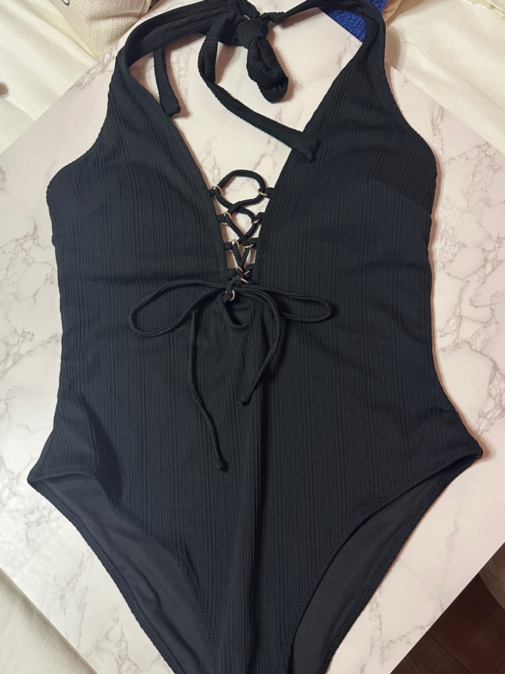 Cupshe Black Ribbed Lace-Up Halter One-Piece Swimsuit